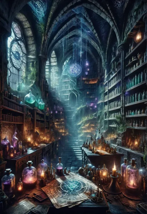 ais-rcn, a clandestine laboratory of a renowned sorcerer, hidden within the city's underbelly, filled with bubbling potions, mystical artifacts, and arcane books, the air alive with magical energy <lora:ais-rcn-sdxl:1>, cinematic