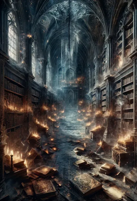 ais-rcn, the grand hall of a deserted library, its shelves dust-laden yet full of untold secrets, the silence broken only by the crackle of an unseen fire <lora:ais-rcn-sdxl:1>, cinematic