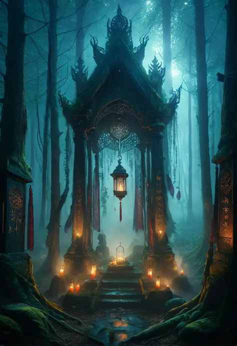ais-rcn, a veiled shrine hidden in the heart of a misty forest, its presence betrayed only by the soft glow of lanterns and the faint sound of chimes <lora:ais-rcn-sdxl:1>, cinematic