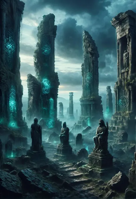 ais-rcn, ancient ruins standing solemn on a haunted hilltop, with otherworldly portals opening into realms beyond, guarded by statues of creatures long forgotten <lora:ais-rcn-sdxl:1>, cinematic