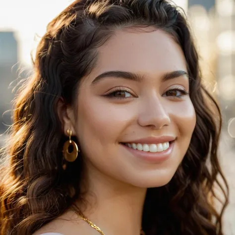 ((Skin Texture, pores, natural,iPhone,RAW)), natural lighting, Highest Quality closeup Portrait photo of a woman with long wavy hair,wearing simple gold earrings, Nikon Z9, realistic matte skin,  blurry city in the background, 8K, whole face,    <lora:aulicravalho_xl_1_standard_wo_cap-000059:1>, smiling