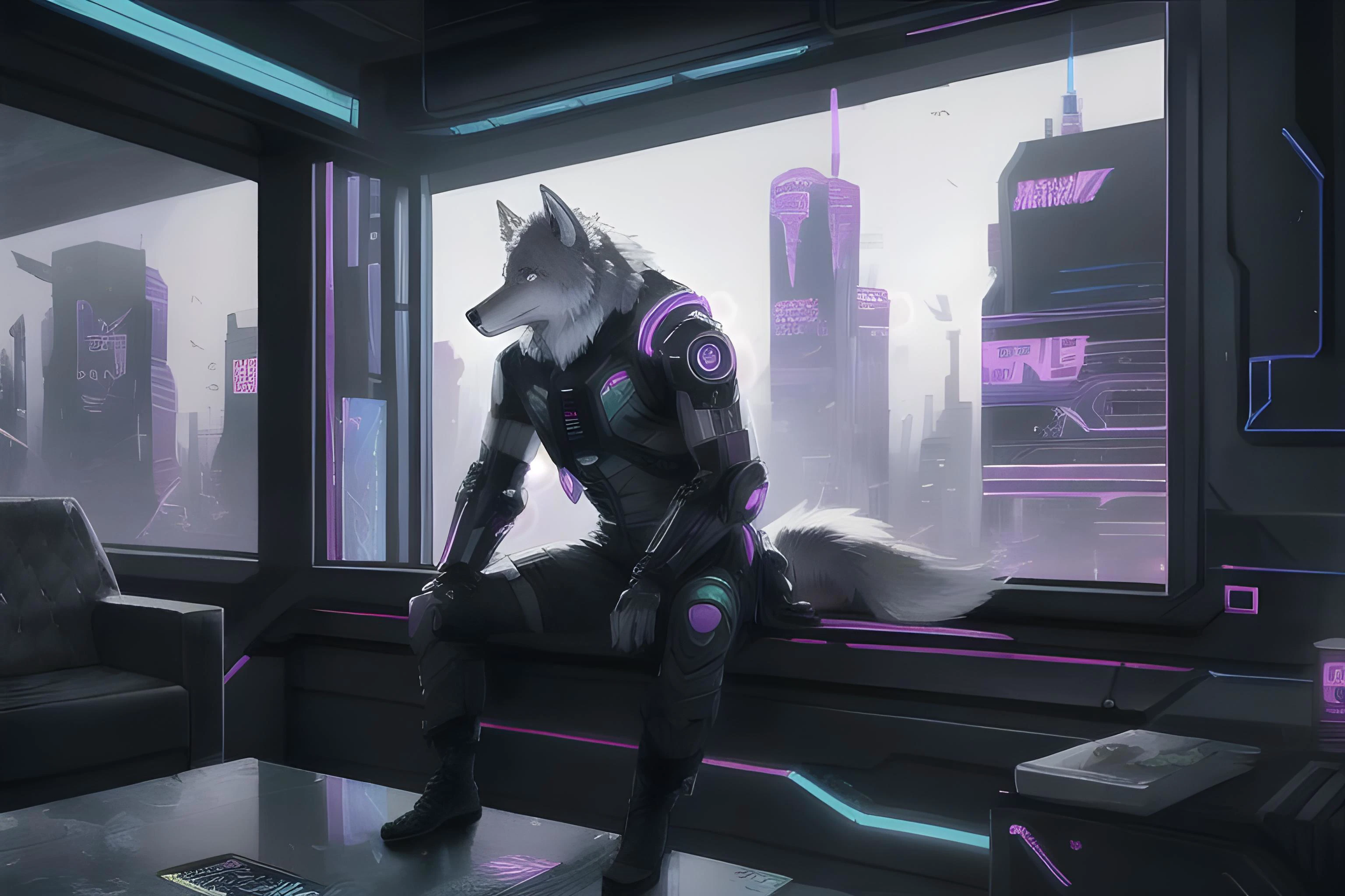 anthropomorphic male gray wolf, sitting on a window, cyberpunk background
