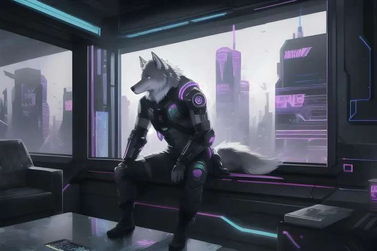 anthropomorphic male gray wolf,  sitting on a window, cyberpunk background