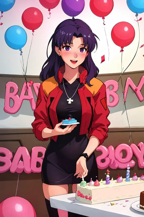 masterpiece, best quality, 1girl wearing red_jacket, black_pencil_dress_high_collar_red_jacket, Misato_cross_necklace, beautiful, blushing, happy, a birthday girl, balloons, (birthday cake:1.3), birthday candles, presents, banner, confetti, purple eyes,<lora:Katsuragi_MisatoV4:.6> <lora:birthday_girl-000004:.55>