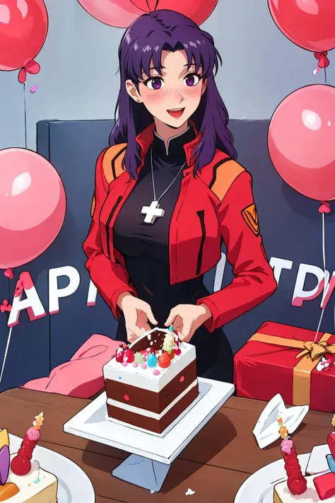 anime girl cutting a cake with candles and balloons in the background