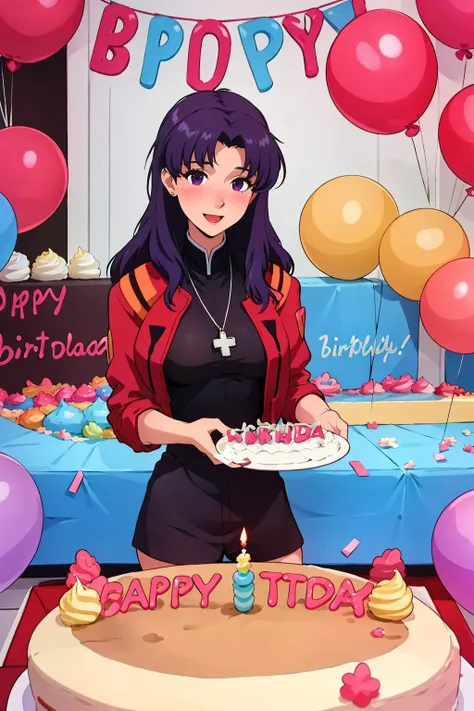 masterpiece, best quality, 1girl wearing red_jacket, black_pencil_dress_high_collar_red_jacket, Misato_cross_necklace, beautiful, blushing, happy, a birthday girl, balloons, (birthday cake:1.3), birthday candles, presents, banner, confetti, purple eyes,<lora:Katsuragi_MisatoV4:.6> <lora:birthday_girl-000004:.55>