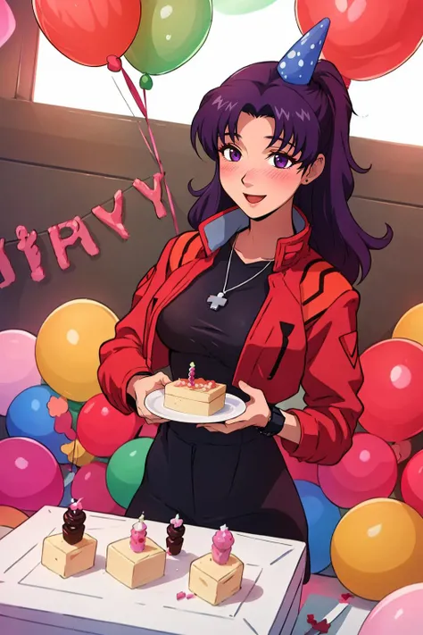 masterpiece, best quality, 1girl wearing red_jacket, black_pencil_dress_high_collar_red_jacket, Misato_cross_necklace, beautiful, blushing, happy, a birthday girl, balloons, (birthday cake:1.3), birthday candles, presents, banner, confetti, purple eyes,<lora:Katsuragi_MisatoV4:.6> <lora:birthday_girl-000004:.55>