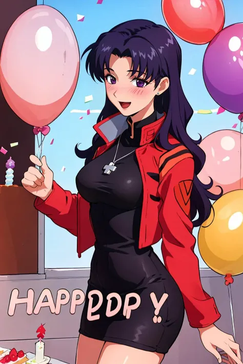 masterpiece, best quality, 1girl wearing red_jacket, black_pencil_dress_high_collar_red_jacket, Misato_cross_necklace, beautiful, blushing, happy, a birthday girl, balloons, (birthday cake:1.3), birthday candles, presents, banner, confetti, purple eyes,<lora:Katsuragi_MisatoV4:.6> <lora:birthday_girl-000004:.55>