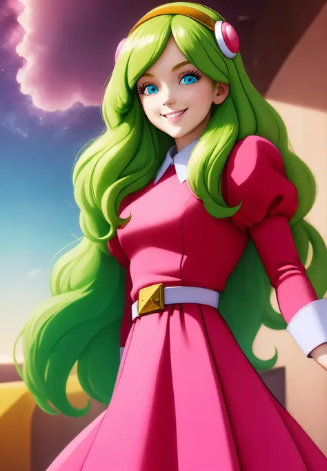 masterpiece, best quality, highest quality, perfect anatomy, perfect face, perfect eyes, beautiful face
<lora:briannedechateau_i3_ex1:1>, briannedechateau-smf, 1girl, solo, green hair, blue eyes, dress, long hair, smile, puffy sleeves, pink dress, belt, long sleeves, juliet sleeves, hairband