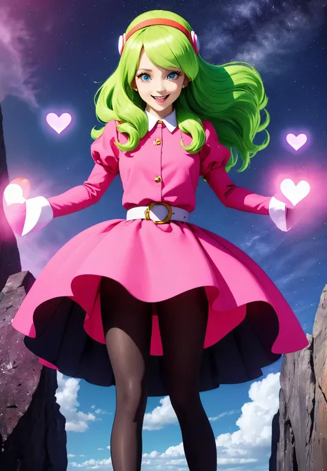 <lora:briannedechateau_i3_ex1:0.8>, briannedechateau-smf, 1girl, solo, green hair, blue eyes, pantyhose, heart, dress, hairband, puffy sleeves, open mouth, pink dress, belt, long hair, smile, sky, cloud, long sleeves, juliet sleeves, day, black pantyhose, looking at viewer, breasts, pink sky, full of hearts, neon lights