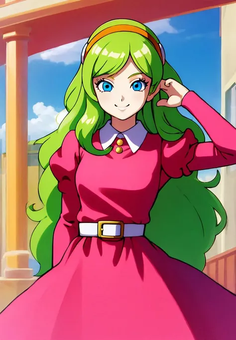 masterpiece, best quality, highest quality, perfect anatomy, perfect face, perfect eyes,
<lora:briannedechateau_i3_ex1:0.9>, briannedechateau-smf, 1girl, solo, green hair, blue eyes, dress, long hair, smile, puffy sleeves, pink dress, belt, long sleeves, juliet sleeves, hairband, smile