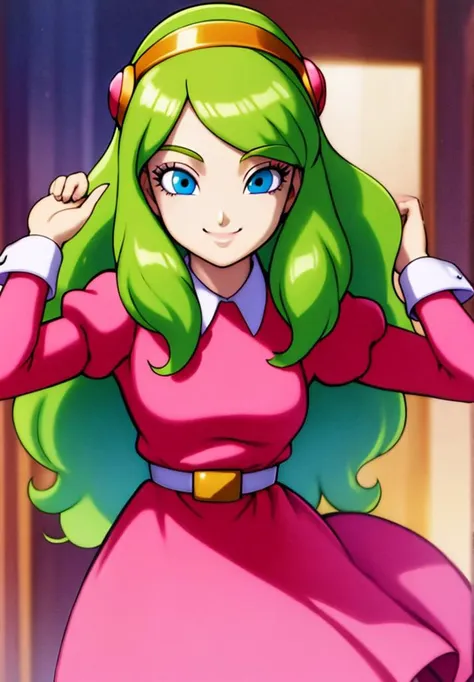 masterpiece, best quality, highest quality, perfect anatomy, perfect face, perfect eyes,
<lora:briannedechateau_i3_ex1:0.9>, briannedechateau-smf, 1girl, solo, green hair, blue eyes, dress, long hair, smile, puffy sleeves, pink dress, belt, long sleeves, juliet sleeves, hairband, closed mouth