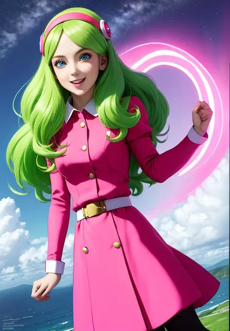 <lora:briannedechateau_i3_ex1:0.8>, briannedechateau-smf, 1girl, solo, green hair, blue eyes, pantyhose, heart, dress, hairband, puffy sleeves, open mouth, pink dress, belt, long hair, smile, sky, cloud, long sleeves, juliet sleeves, day, black pantyhose, looking at viewer, breasts, pink sky, full of hearts, neon lights