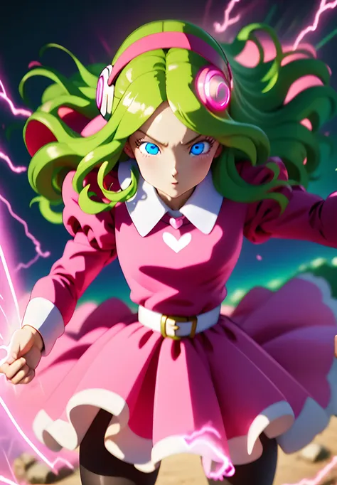 masterpiece, best quality, highest quality, perfect anatomy, perfect face, perfect eyes,
<lyco:briannedechateau_lycoris_01-000004:1>, briannedechateau-smf, 1girl, solo, green hair, blue eyes, sky full of hearts, pink dress, belt, hairband, puffy sleeves, long sleeves, smile, ((pink aura, pink energy:1.3)), battle stance, destruction, ruins, stone, black sky, pink energy around, night, glowing hearts, open arms, full body, pantyhose