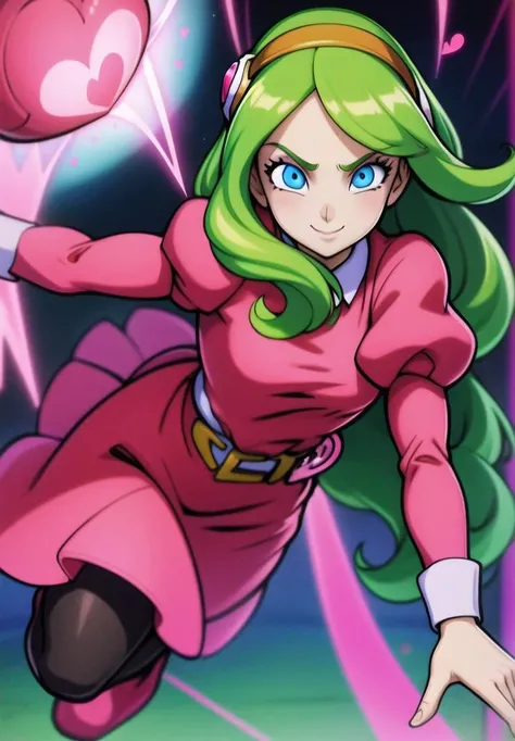 masterpiece, best quality, highest quality, perfect anatomy, perfect face, perfect eyes,
<lyco:briannedechateau_lycoris_01-000004:0.8>, briannedechateau-smf, 1girl, solo, green hair, blue eyes, dress, smile, puffy sleeves, pink dress, belt, long sleeves, juliet sleeves, hairband, smile, open arms, pink aura, ruins, destruction, black sky, glowing hearts, full body, black pantyhose, pink footwear, energy ball,