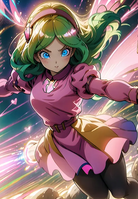 masterpiece, best quality, highest quality, perfect anatomy, perfect face, perfect eyes,
<lyco:briannedechateau_lycoris_01-000004:1>, briannedechateau-smf, 1girl, solo, green hair, blue eyes, sky full of hearts, pink dress, belt, hairband, puffy sleeves, long sleeves, smile, ((pink aura, pink energy:1.3)), battle stance, destruction, ruins, stone, black sky, pink energy around, night, glowing hearts, open arms, full body, pantyhose