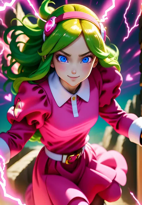 masterpiece, best quality, highest quality, perfect anatomy, perfect face, perfect eyes,
<lyco:briannedechateau_lycoris_01-000004:1>, briannedechateau-smf, 1girl, solo, green hair, blue eyes, sky full of hearts, pink dress, belt, hairband, puffy sleeves, long sleeves, smile, ((pink aura, pink energy:1.3)), battle stance, destruction, ruins, stone, black sky, pink energy around, night, glowing hearts, open arms, full body, pantyhose