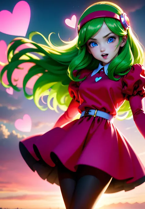 <lyco:briannedechateau_lycoris_01-000004:0.9>, briannedechateau-smf, 1girl, solo, green hair, blue eyes, pantyhose, heart, dress, hairband, puffy sleeves, open mouth, pink dress, belt, long hair, smile, sky, cloud, long sleeves, juliet sleeves, day, black pantyhose, looking at viewer, breasts, pink sky, full of hearts, neon lights