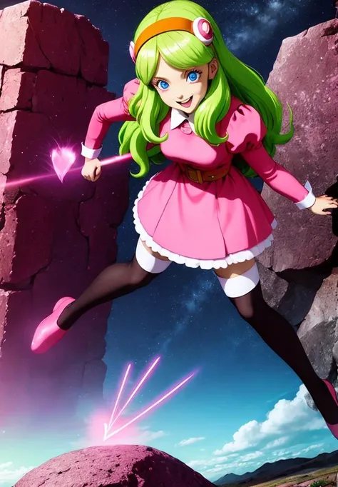 <lora:briannedechateau_i3_ex1:0.9>, briannedechateau-smf, 1girl, solo, green hair, blue eyes, pantyhose, heart, dress, hairband, puffy sleeves, open mouth, pink dress, belt, long hair, smile, dark sky, cloud, long sleeves, juliet sleeves, night, black pantyhose, looking at viewer, breasts, pink sky, full of hearts, neon lights, ruins, stone, pink energy, battle stance, pink aura