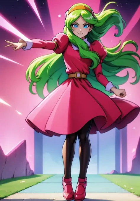 masterpiece, best quality, highest quality, perfect anatomy, perfect face, perfect eyes,
<lyco:briannedechateau_lycoris_01-000004:0.8>, briannedechateau-smf, 1girl, solo, green hair, blue eyes, dress, long hair, smile, puffy sleeves, pink dress, belt, long sleeves, juliet sleeves, hairband, smile, open arms, pink aura, ruins, destruction, black sky, glowing hearts, full body, black pantyhose, pink footwear