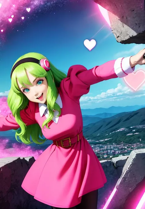 <lora:briannedechateau_i3_ex1:0.8>, briannedechateau-smf, 1girl, solo, green hair, blue eyes, pantyhose, heart, dress, hairband, puffy sleeves, open mouth, pink dress, belt, long hair, smile, sky, cloud, long sleeves, juliet sleeves, day, black pantyhose, looking at viewer, breasts, pink sky, full of hearts, neon lights