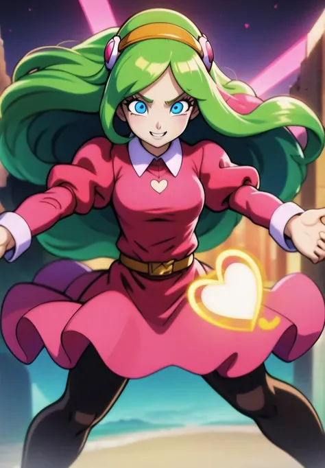 masterpiece, best quality, highest quality, perfect anatomy, perfect face, perfect eyes,
<lyco:briannedechateau_lycoris_01-000004:0.8>, briannedechateau-smf, 1girl, solo, green hair, blue eyes, dress, long hair, smile, puffy sleeves, pink dress, belt, long sleeves, juliet sleeves, hairband, smile, open arms, pink aura, ruins, destruction, black sky, glowing hearts, full body, pantyhose