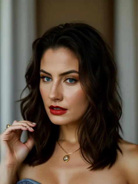 Realistic photo of a beautiful m4dch3n4 woman, 1girl, solo, long hair, looking at viewer, blue eyes, brown hair, jewelry, upper body, parted lips, teeth, lips, makeup, ring, lipstick, realistic, red lips, soft lighting, professional Photography, Photorealistic, detailed, RAW, analog, sharp focus, 8k, HD, high quality, masterpiece<lora:m4dch3n4:1.0>