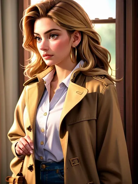 Realistic photo of a beautiful m4dch3n4 woman, 1girl, solo, long hair, blonde hair, brown hair, brown eyes, jewelry, closed mouth, upper body, earrings, lips, coat, looking to the side, realistic, soft lighting, professional Photography, Photorealistic, detailed, RAW, analog, sharp focus, 8k, HD, high quality, masterpiece<lora:m4dch3n4:1.0>