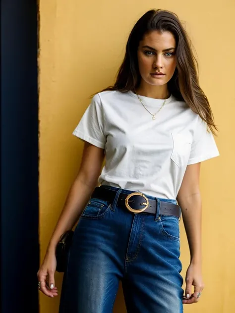 Realistic photo of a beautiful m4dch3n4 woman, 1girl, solo, long hair, blue eyes, brown hair, shirt, short sleeves, cowboy shot, belt, pants, lips, denim, black background, yellow shirt, jeans, realistic, blue pants, shirt tucked in, soft lighting, professional Photography, Photorealistic, detailed, RAW, analog, sharp focus, 8k, HD, high quality, masterpiece<lora:m4dch3n4:1.0>