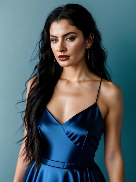 Realistic photo of a beautiful m4dch3n4 woman, 1girl, solo, long hair, black hair, dress, bare shoulders, makeup, blue background, lipstick, realistic, soft lighting, professional Photography, Photorealistic, detailed, RAW, analog, sharp focus, 8k, HD, high quality, masterpiece<lora:m4dch3n4:1.0>