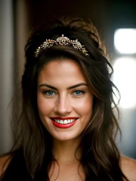 Realistic photo of a beautiful m4dch3n4 woman, 1girl, solo, long hair, smile, blue eyes, brown hair, upper body, teeth, grin, lips, looking to the side, realistic, red lips, soft lighting, professional Photography, Photorealistic, detailed, RAW, analog, sharp focus, 8k, HD, high quality, masterpiece<lora:m4dch3n4:1.0>