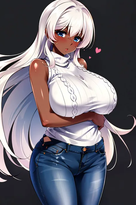 masterpiece, best quality, solo, 1girl, detailed eyes, detailed hands,
<lora:anette (tonari no ie no anette-san):0.4> , anette (tonari no ie no anette-san), dark skin, blue eyes, white hair, long hair, very long hair, dark-skinned female, shiny skin, huge breasts, cowboy shot, (((white sweater, jeans, sleeveless))),