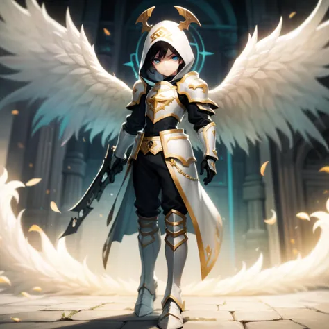 ((masterpiece, best quality)),artamiel, solo, 1boy, black hair, boots, wings, armor, angel wings, angel, hood,  <lora:Artamiel_SummonersWar_1:0.6>, destroyed background, god rays, standing,