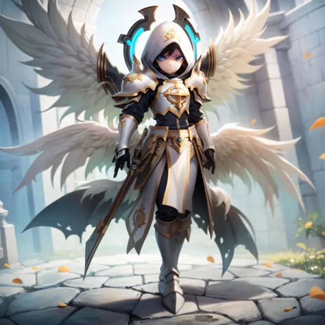 ((masterpiece, best quality)),artamiel, solo, 1boy, black hair, boots, wings, armor, angel wings, four wings, hood, <lora:Artamiel_SummonersWar_1:0.8>, destroyed background, god rays, standing,