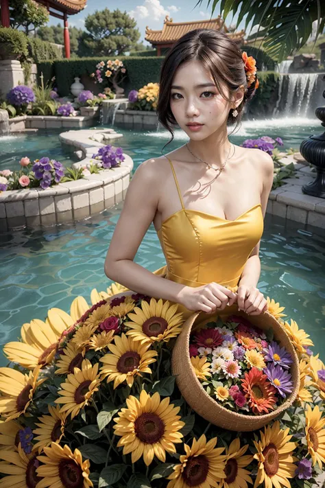 (realistic:1.3), finely detailed, quality, rembrandt lighting, (masterpiece:1.2), (photorealistic:1.2), (best quality), (detailed skin:1.3), (intricate details), dramatic, ray tracing, 1girl, chinese girl, 21 years old, detailed skin texture, (blush:0.5), (goosebumps:0.5), subsurface scattering, smiling, medium breasts, short hair curls, bangs, hair between eyes, (flower dress:1.1), red chinese dress, full body, (bright sunny day, outdoors, garden, flowers, bushes, nature, sky), <lora:flower_dress-1.0:0.8>