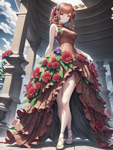 8k, masterpiece, beautiful girl, (flower dress), <lora:flower_dress-1.0:0.8>, (wooden gazebo), standing, full body