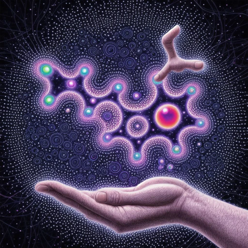 psylocybin molecule hovering over hand, interesting fractal background, sci-fi feeling, molecule radiates energy, psychedelic, trippy, lsd <lora:trip4:0.8> psychedelic trip, alex gray style<lora:booster 15:1.0><lora:booster 15:1.0>