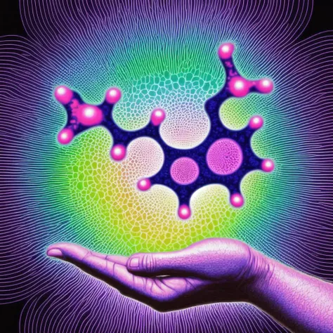 psylocybin molecule hovering over hand, interesting fractal background, sci-fi feeling, molecule radiates energy, psychedelic, trippy, lsd <lora:trip4:0.8> psychedelic trip, alex gray style<lora:booster 15:1.0><lora:booster 15:1.0><lora:booster 15:1.0>