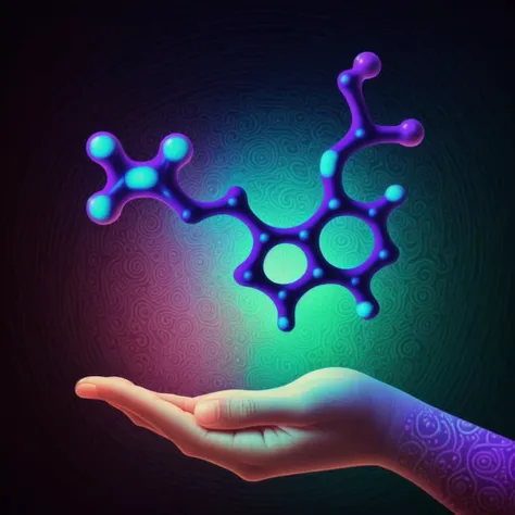 psylocybin molecule hovering over hand, interesting fractal patterned background, sci-fi feeling, molecule radiates energy, psychedelic, trippy, lsd <lora:trip4:0.8> psychedelic trip<lora:booster 15:1.0>