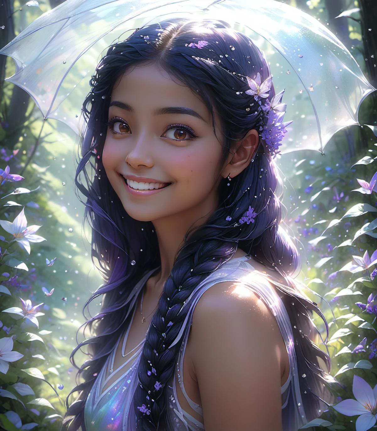 Close up portrait of a young middle-eastern Fairy, smiling, freckles, platinum braided hair, dancing in the forest Full of flowers, veil, translucent vest, translucent lavender sheer Mini-skirt, digital painting, scarred, black face paint, raining, Canon 5d trending on artstation Pixiv fanbox deviantart artwork by Audrey Kawasaki WLOP Artgerm Craig Mullins Ruan Jia <lora:age_Fantasy_SDTX_1.0:1>, BJ_TeenFantasy
