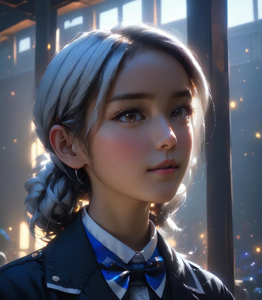 (Closeup), (dimly lit) (Abandoned building background), chiaroscuro gobo effect, spot soft lighting, Gothic, young Polish Swedish, (girl) facing away, Chocolate skin, oval head shape, thick creased lips, amber eye colour, big round tip nose, high cheekbones flat cheeks, expression of fondness, shouting, Emo hair, white hair colour, Colourful Tie, slender body type, crossing arms, Coquelicot orange, Organza wedding dress, High-waisted jeans, Loafers, teaching, <lora:age_Fantasy_SDTX_1.0:1>, BJ_TeenFantasy