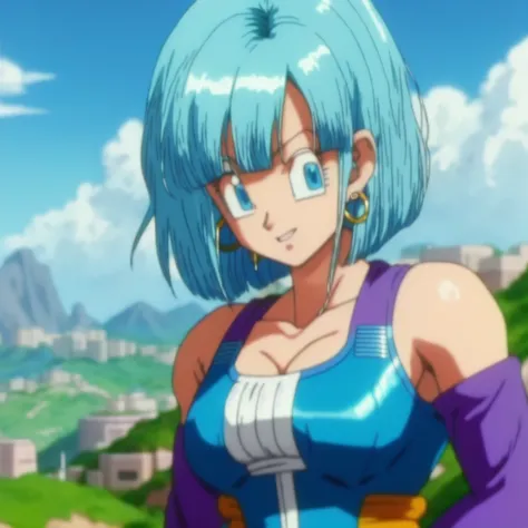 A vibrant portrait of Bulma, her hair billowing in the wind,short hair, Blue Hair , standing atop a city futuristic overlooking a lush green valley , sexy  orange  clothes,  Blue hair.
, digital art, master piece, scratches,  head, looking, anatomically correct, (((8k resolution))) ,  Style Bulma Dragon Ball Z,  1 character