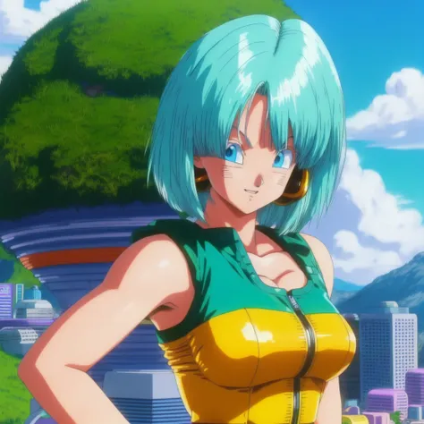 A vibrant portrait of Bulma, her hair billowing in the wind,short hair, Blue Hair , standing atop a city futuristic overlooking a lush green valley , sexy  orange  clothes,  Blue hair.
, digital art, master piece, scratches,  head, looking, anatomically correct, (((8k resolution))) ,  Style Bulma Dragon Ball Z,  1 character