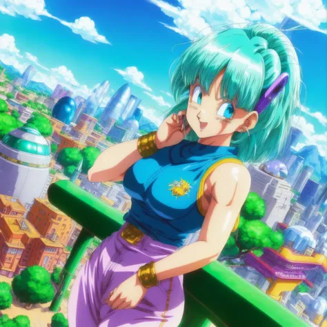 A vibrant portrait of Bulma, her hair billowing in the wind,short hair, Blue Hair , standing atop a city futuristic overlooking a lush green valley , sexy  orange  clothes,  Blue hair.
, digital art, master piece, scratches,  head, looking, anatomically correct, (((8k resolution))) ,  Style Bulma Dragon Ball Z,  1 character