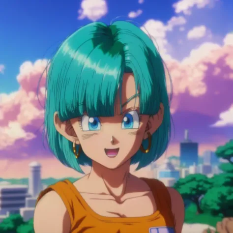 A vibrant portrait of Bulma, her hair billowing in the wind,short hair, Blue Hair , standing atop a city futuristic overlooking a lush green valley , sexy  orange  clothes,  Blue hair.
, digital art, master piece, scratches,  head, looking, anatomically correct, (((8k resolution))) ,  Style Bulma Dragon Ball Z,  1 character