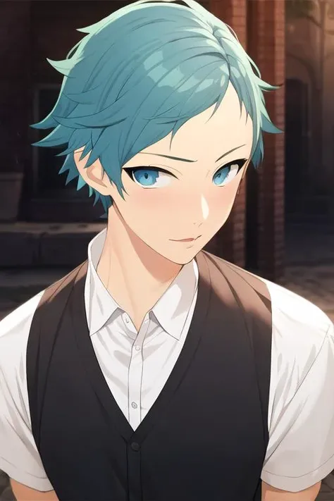 masterpiece, best quality, high quality, 1boy, solo, male focus, looking at viewer, upper body, <lora:makio_tanihara:0.82>, makio_tanihara, blue hair, blue eyes, aqua hair, realistic,