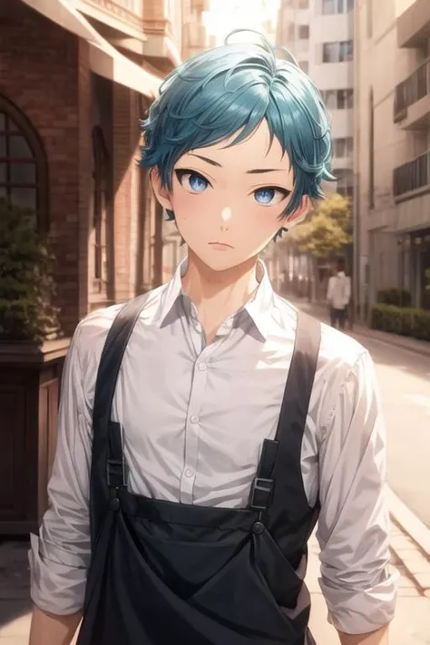 masterpiece, best quality, high quality, 1boy, solo, male focus, looking at viewer, upper body, <lora:makio_tanihara:0.70>, makio_tanihara, blue hair, blue eyes, , gakuran