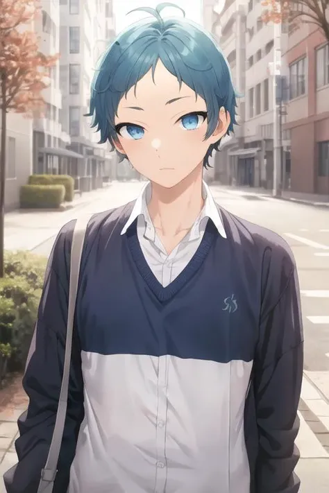 masterpiece, best quality, high quality, 1boy, solo, male focus, looking at viewer, upper body, <lora:makio_tanihara:0.70>, makio_tanihara, blue hair, blue eyes, , school uniform