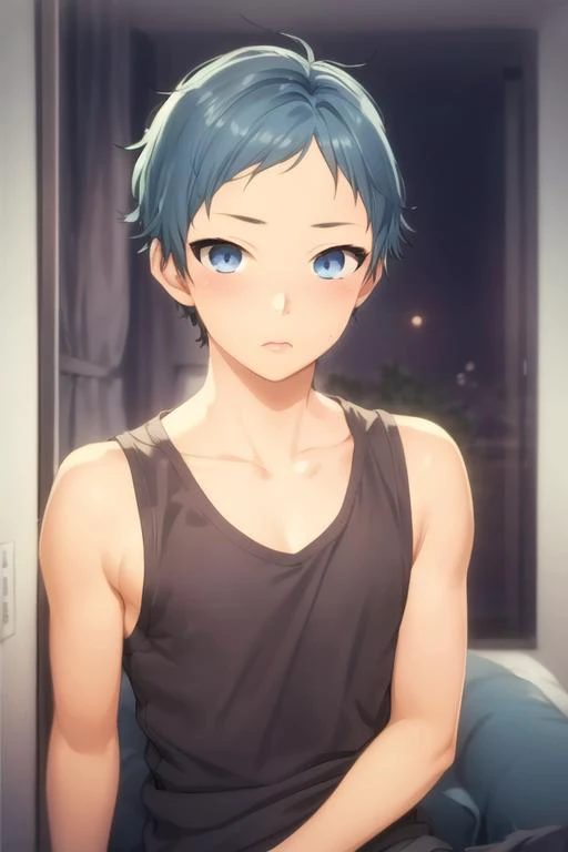 masterpiece, best quality, high quality, 1boy,,, male focus, full body, looking at viewer, white blue hair,spiky hairstyle, short hair, steam smork, japan style, anime coloring, crying, home muji style, detailed face, topless, white towel on waist,finely eye and detailed face,bulge