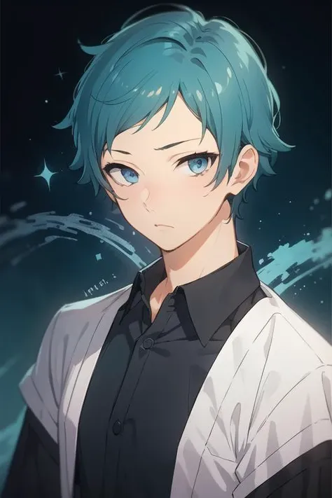 masterpiece, best quality, high quality, 1boy, solo, male focus, looking at viewer, upper body, <lora:makio_tanihara:0.66>, makio_tanihara, blue hair, blue eyes, ,